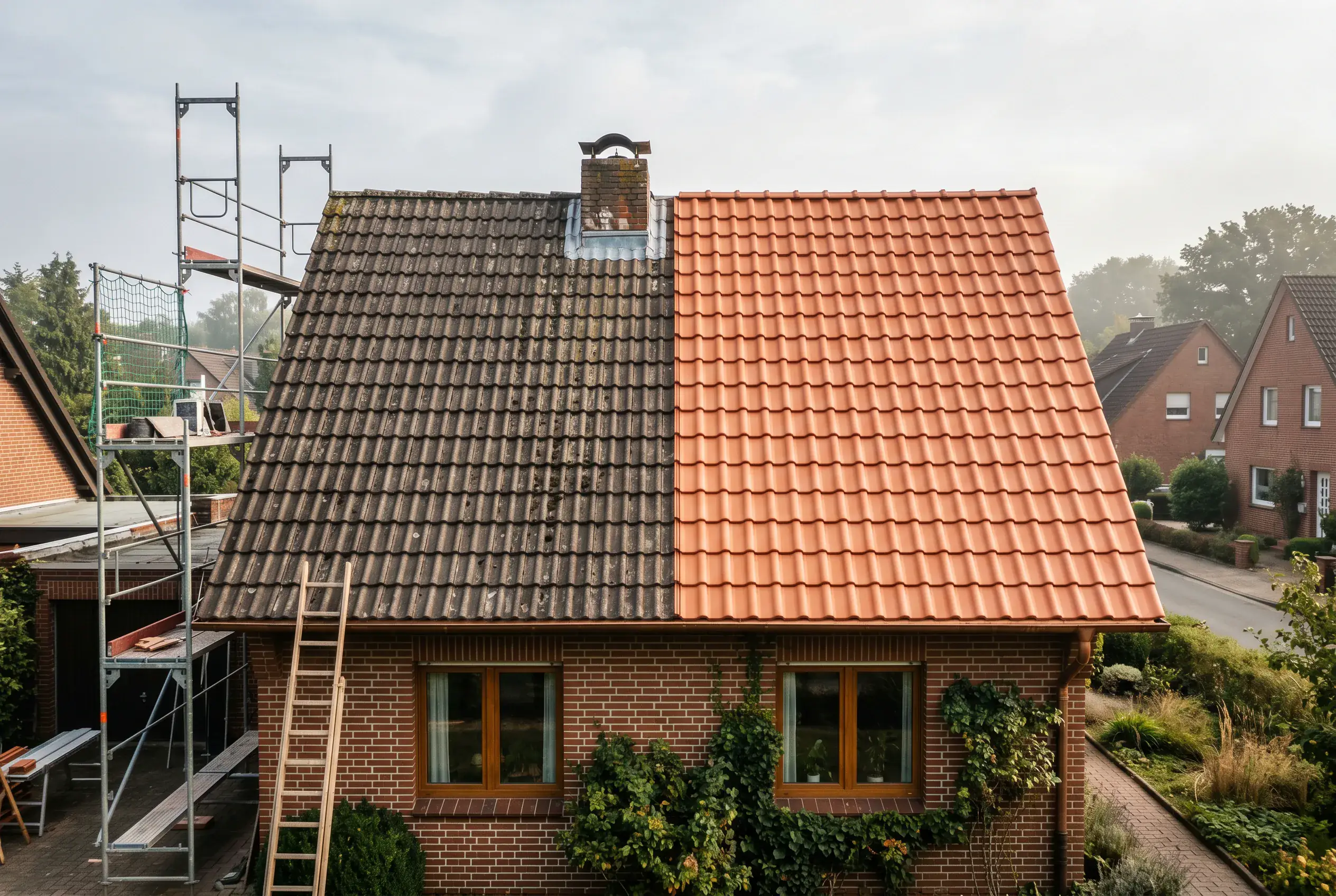 Steildach mit roter Tonziegel-Eindeckung an einem Einfamilienhaus