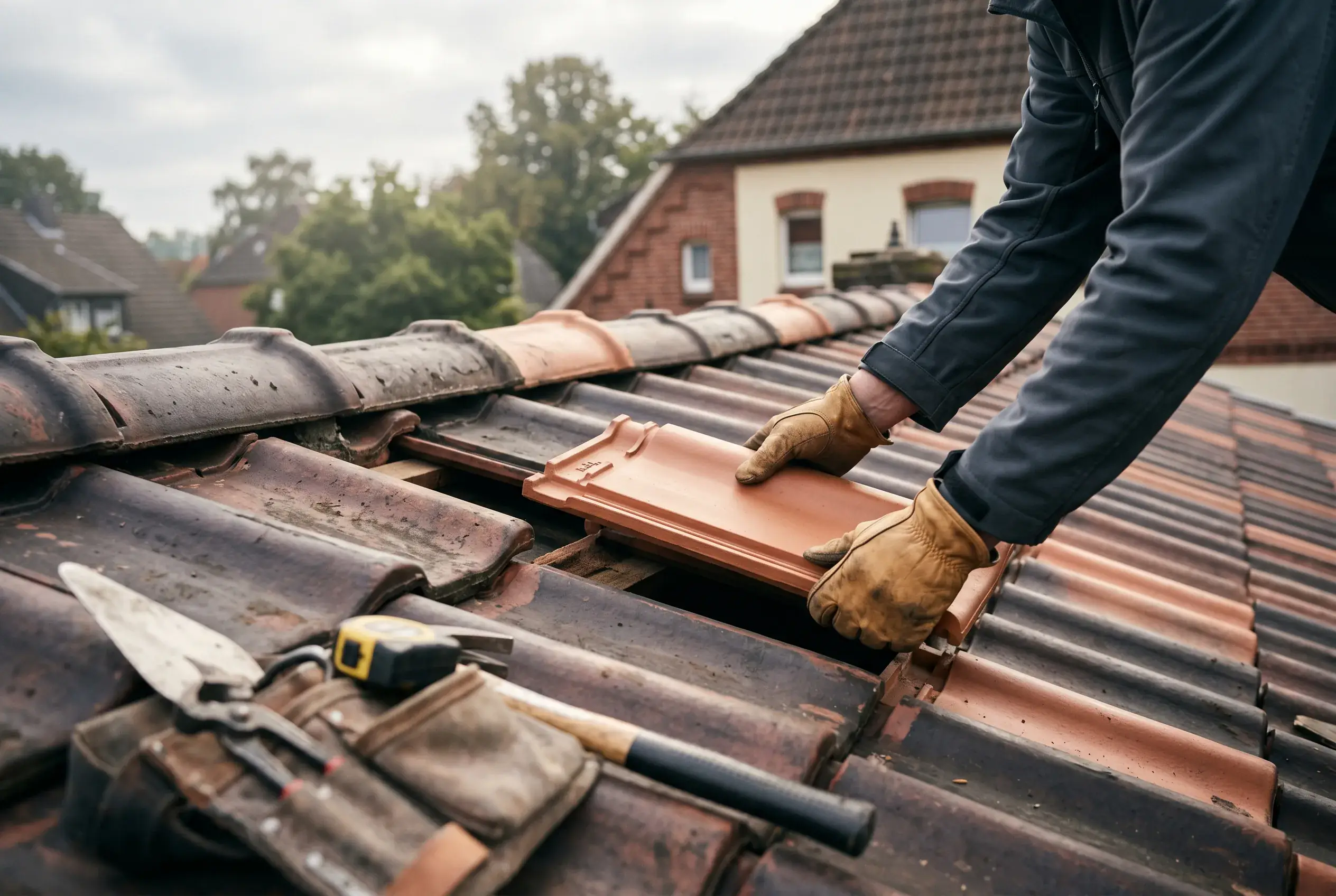 Dachdecker repariert defekte Dachziegel auf einem Steildach