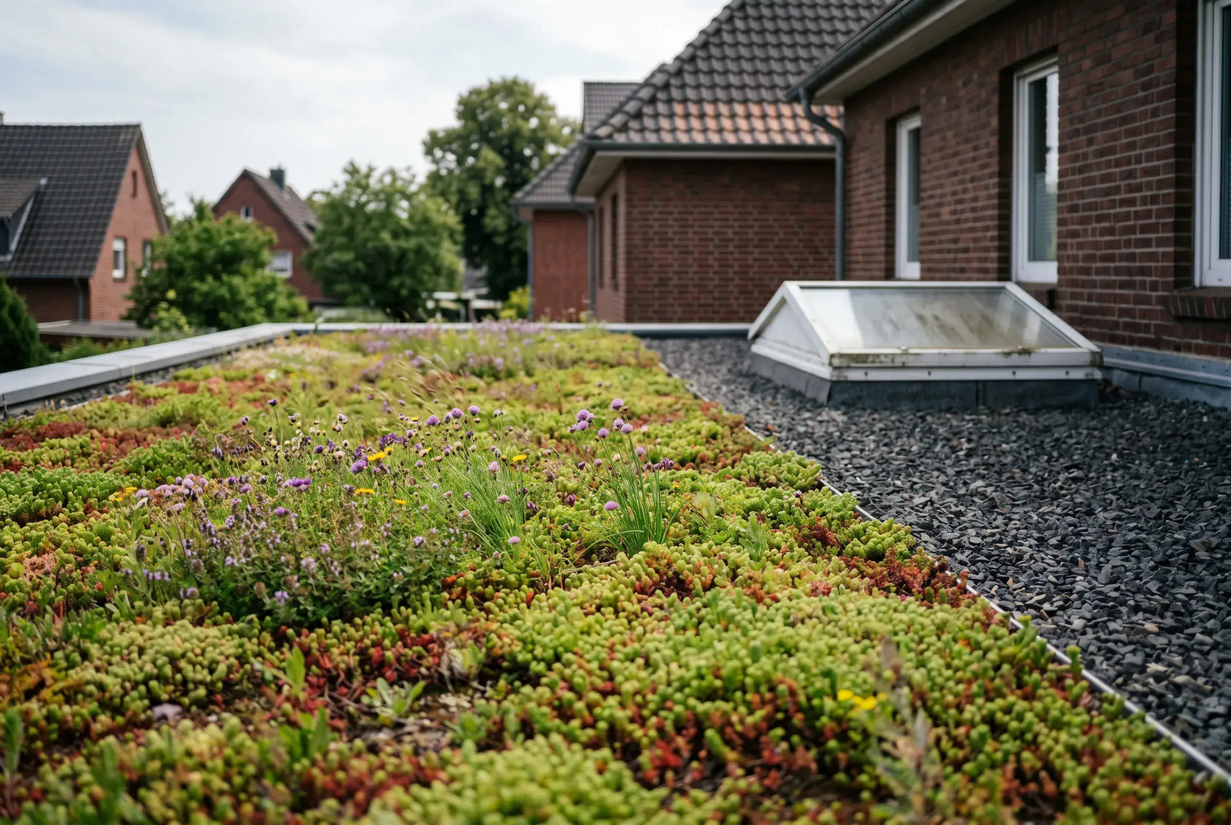 Extensiv begrüntes Flachdach mit Sedum-Matten und Mauerabdeckung