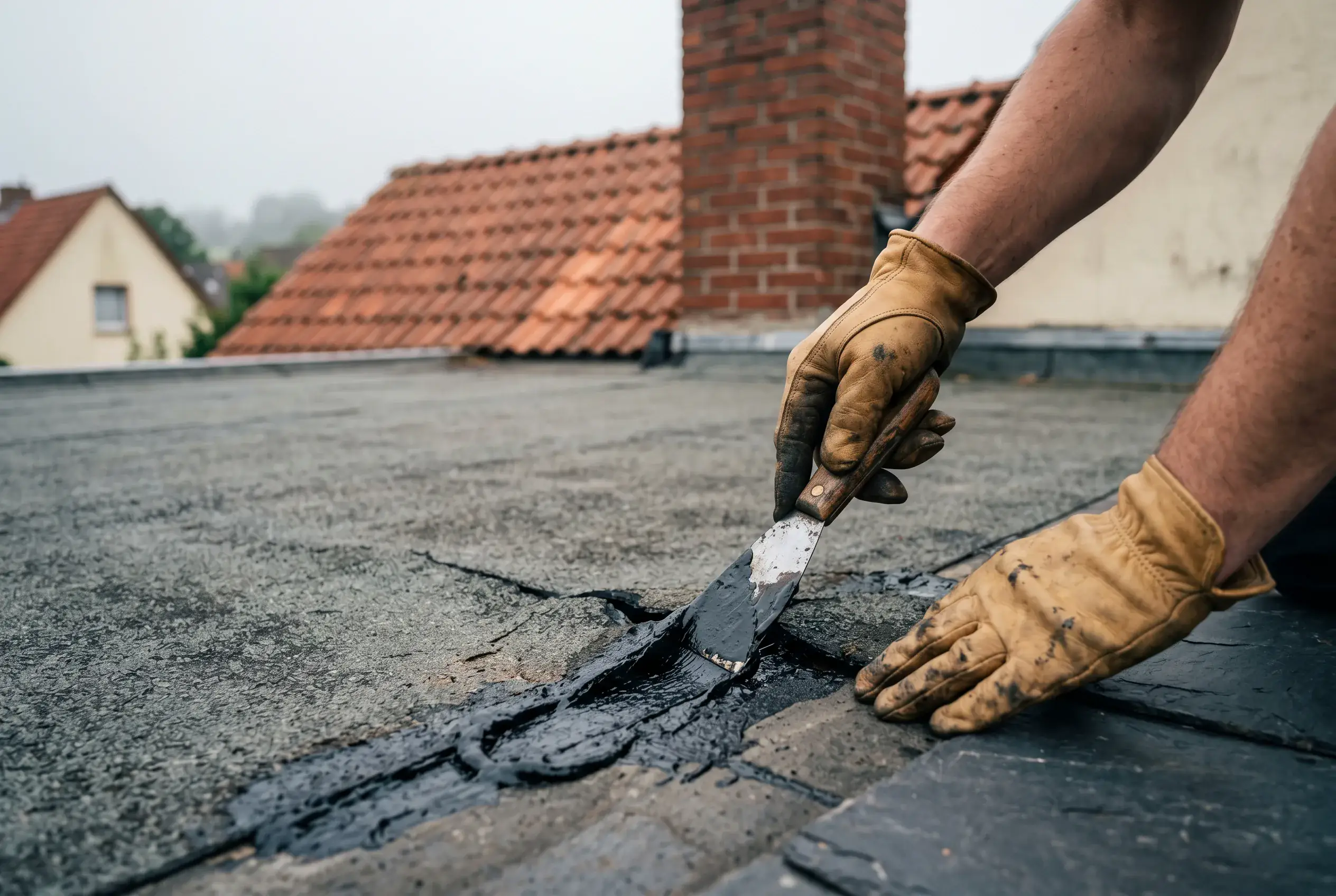 Lokale Reparatur mit Bitumen-Aufdoppelung an einem Flachdach-Anschluss