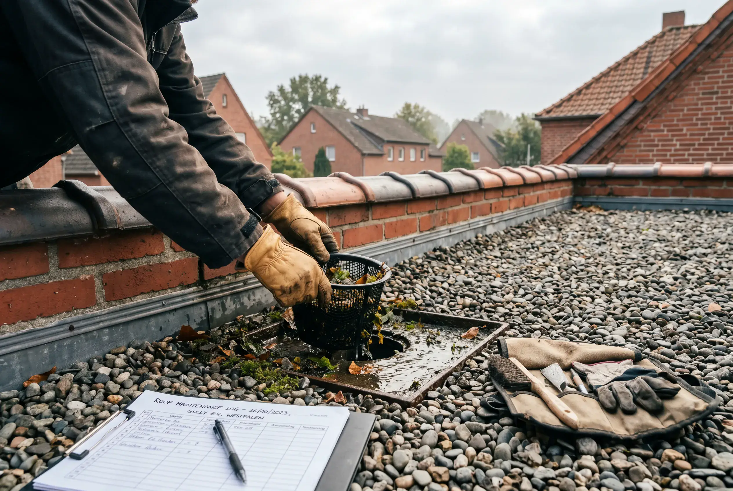Wartungsprüfung an einem Flachdach mit Prüfprotokoll und Kontrolle Gully