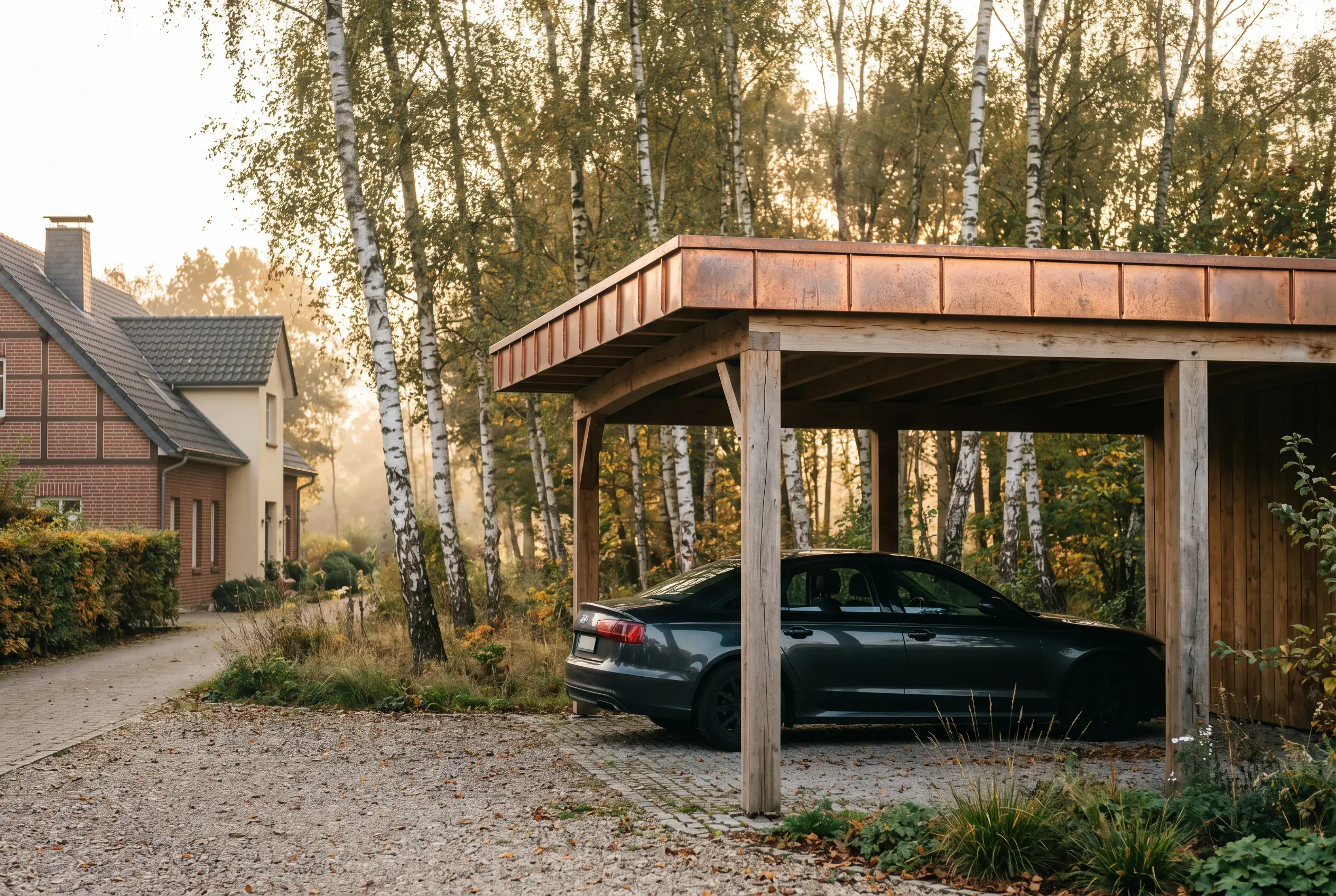 Carport aus Holz mit Flachdach an einem Wohnhaus