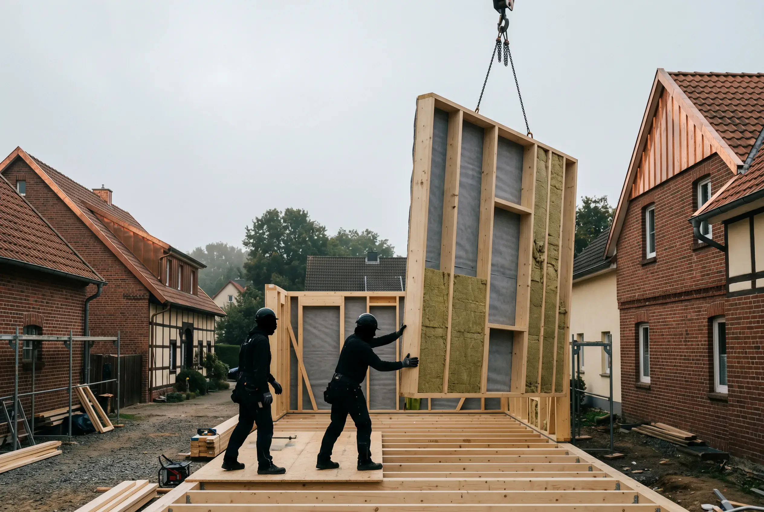 Holzrahmenbau Wandelement mit Dämmung und Beplankung auf der Baustelle