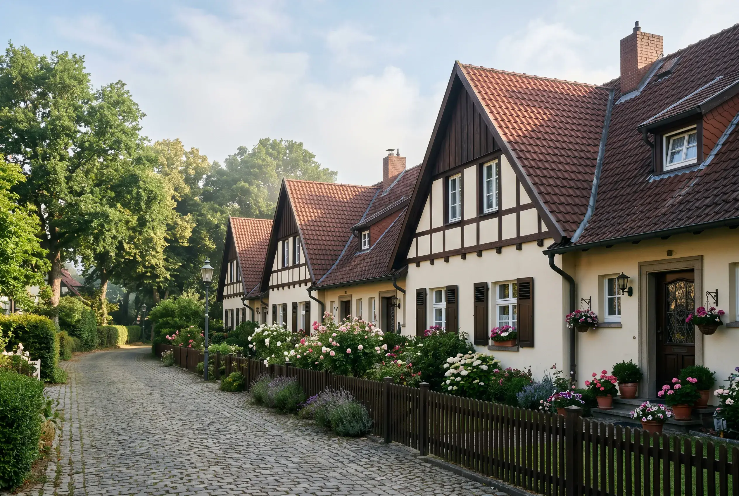 Historische Werkssiedlung mit Schiefer- und Tonziegel-Dächern in Essen, typisch für Margarethenhöhe und Süd-Essen
